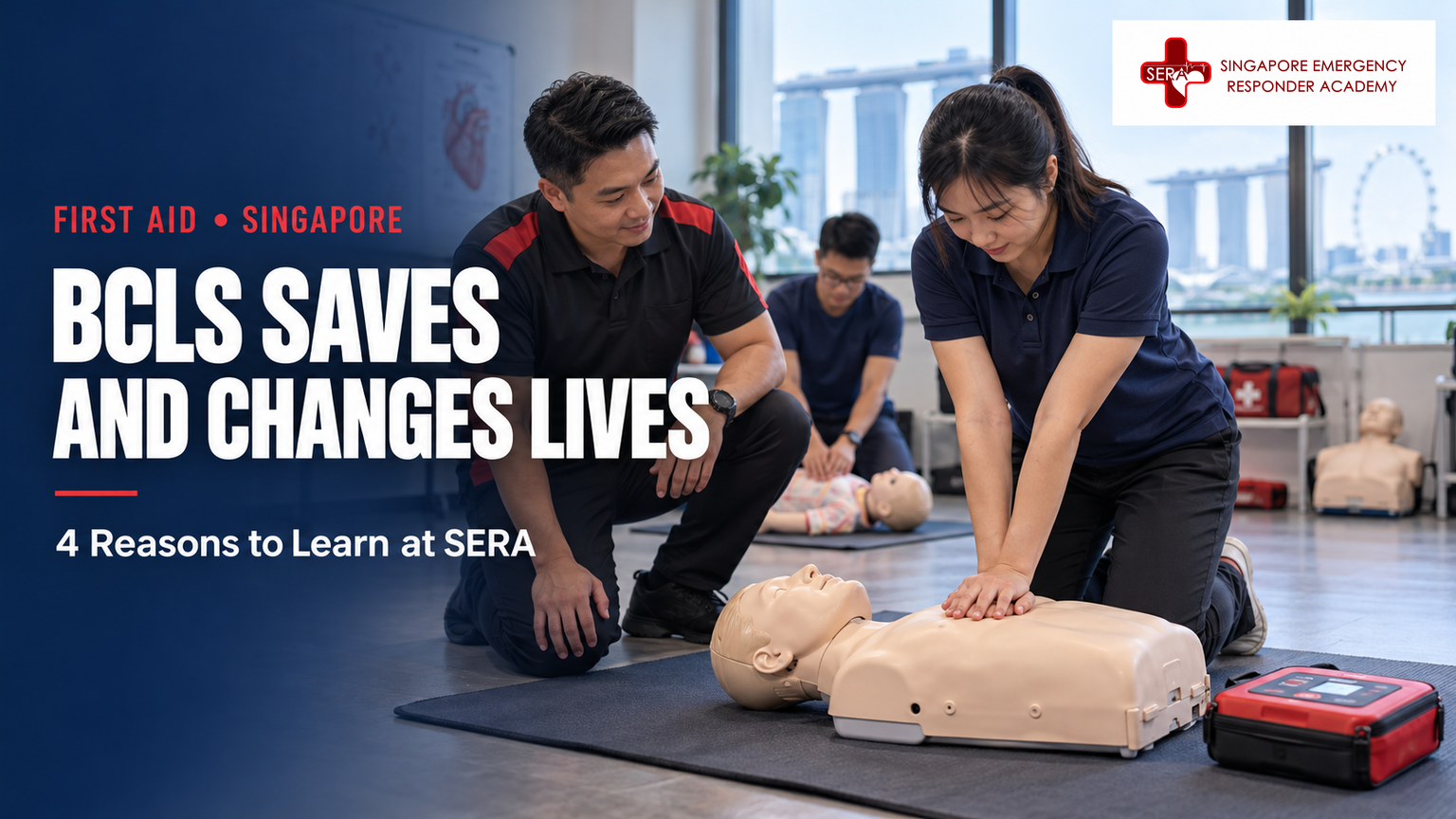 Learner practising CPR on an adult manikin during a BCLS training session while an instructor observes, with an AED training unit nearby