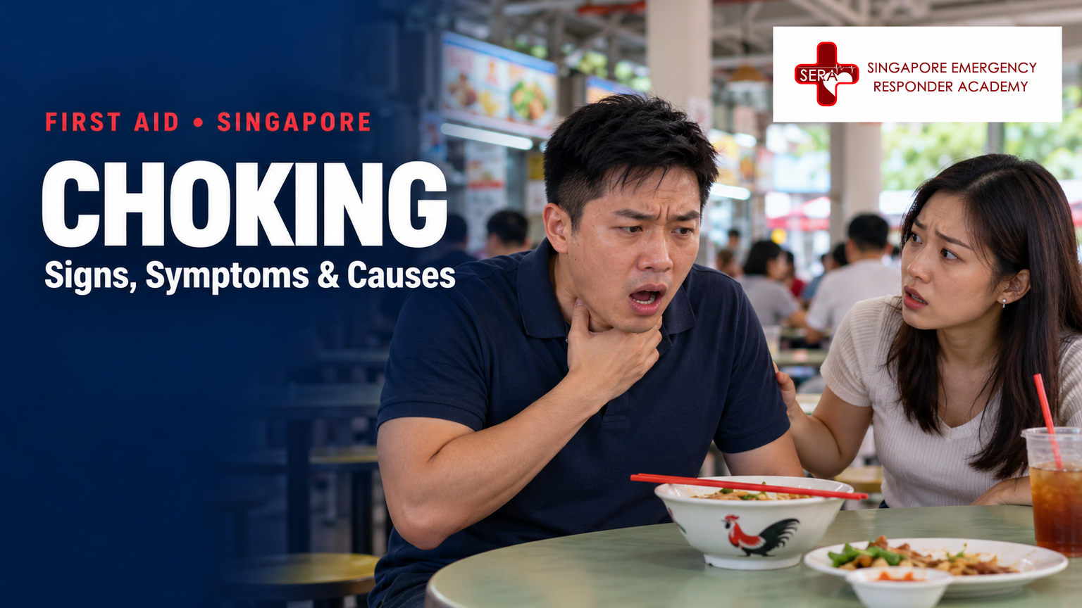 Man clutching his throat during a choking episode at a Singapore hawker centre while a concerned companion checks on him