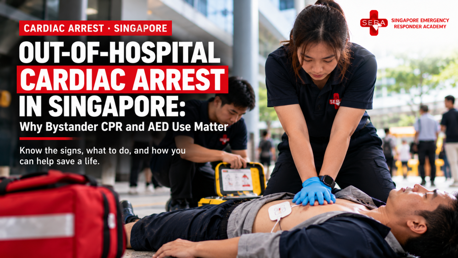 Bystander performing CPR and using an AED during a cardiac arrest emergency in Singapore