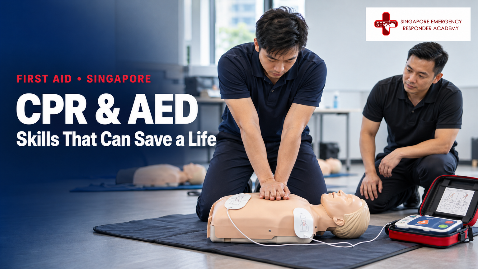 Learner practising chest compressions on a CPR manikin with an AED training unit while an instructor observes