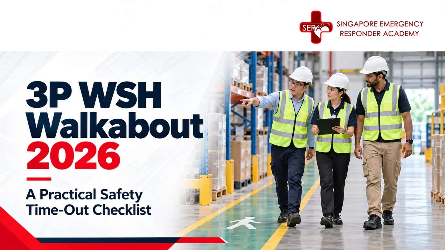 Singapore construction site supervisors and project managers reviewing workplace hazards and emergency procedures during a 3P WSH Walkabout 2026 safety inspection.