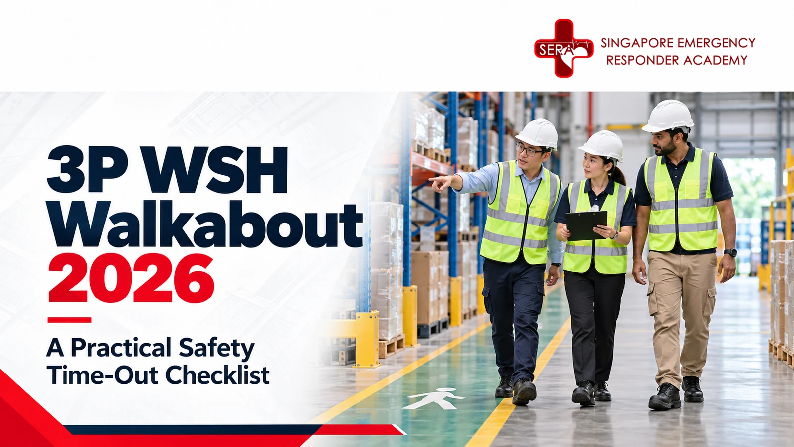 Singapore construction site supervisors and project managers reviewing workplace hazards and emergency procedures during a 3P WSH Walkabout 2026 safety inspection.