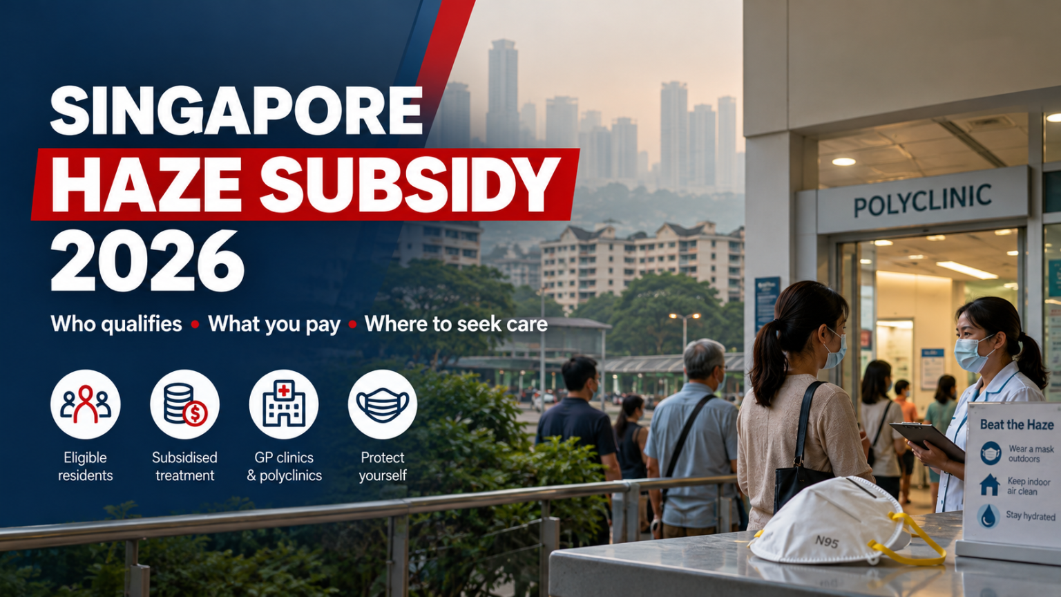 Singapore Haze Subsidy Scheme 2026 information graphic showing a polyclinic, hazy Singapore skyline, healthcare personnel and guidance on subsidised treatment.