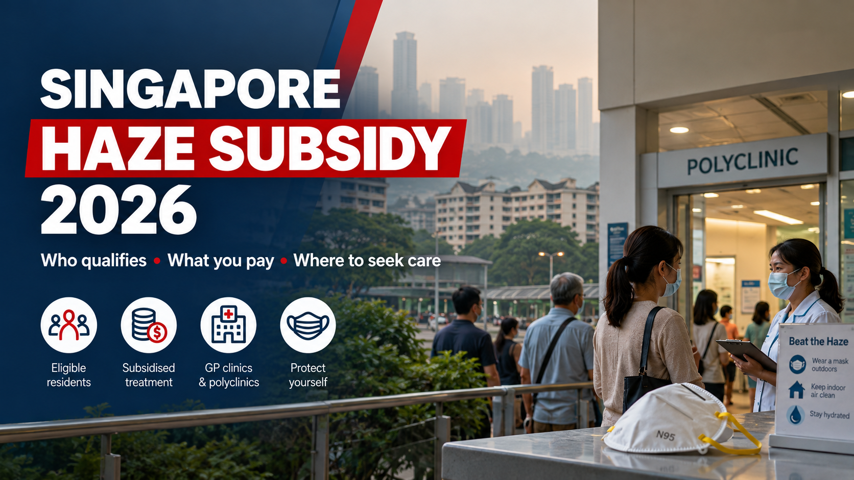 Singapore Haze Subsidy Scheme 2026 information graphic showing a polyclinic, hazy Singapore skyline, healthcare personnel and guidance on subsidised treatment.