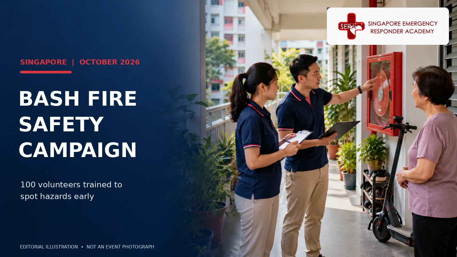 Illustrative Singapore HDB corridor scene showing community volunteers discussing fire safety hazards with a resident, highlighting the October 2026 BASH campaign and emergency preparedness.