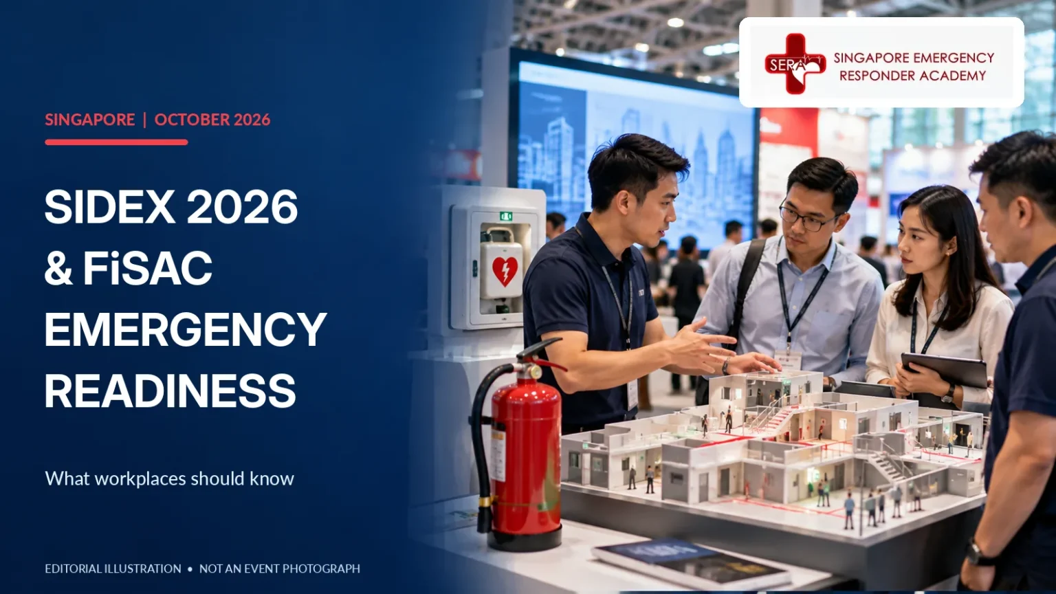 Editorial illustration of emergency-response professionals discussing a building evacuation model at a Singapore exhibition, with fire safety equipment and SERA branding. Not a photograph of the actual SIDEX–ACDR 2026 event.