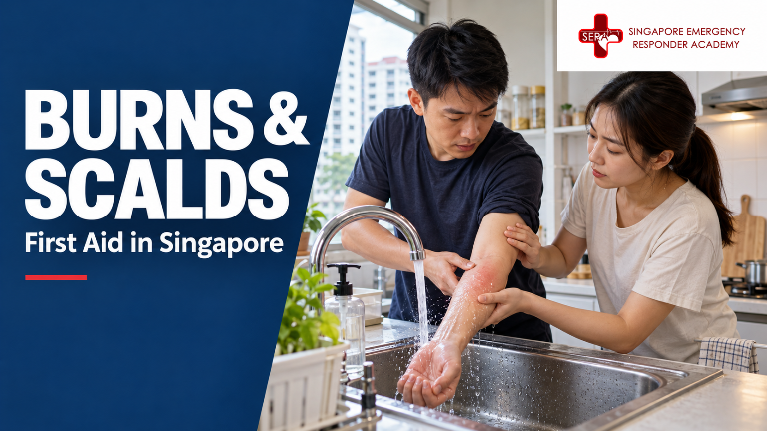 Burn and scald first aid headline beside adults cooling a forearm under running water in a Singapore kitchen, with the original SERA logo at top right.