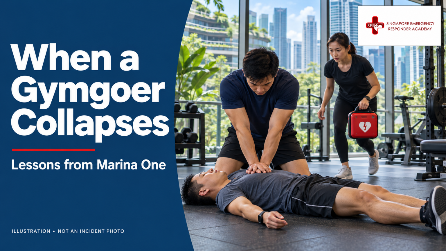 1. Illustrative Singapore gym emergency showing one helper performing CPR and another bringing an AED, with “When a Gymgoer Collapses” headline left and original SERA logo top right.