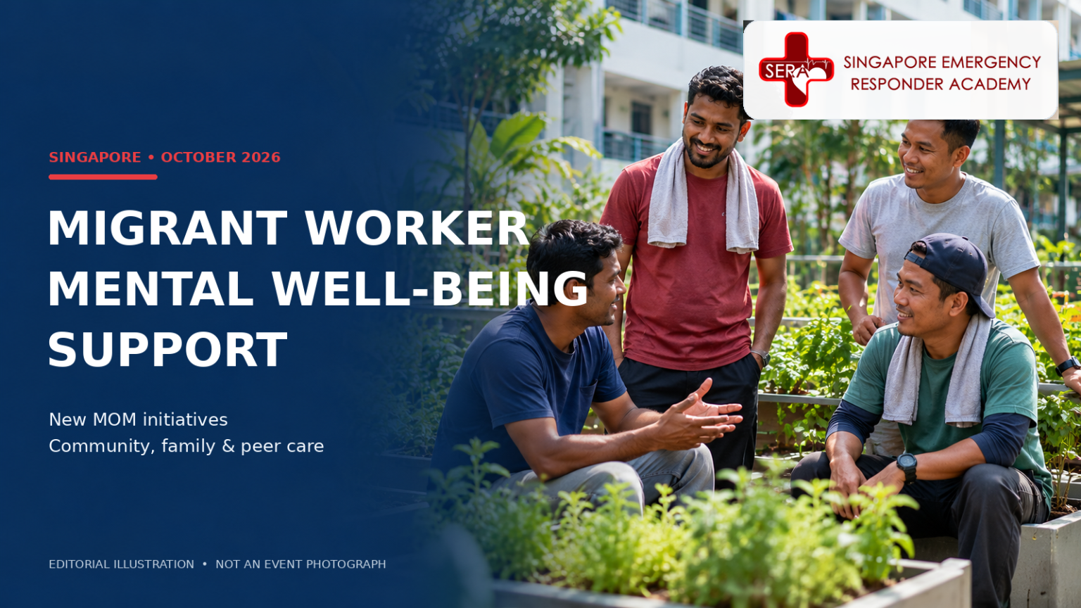 SERA editorial illustration showing migrant workers interacting in a community garden in Singapore, highlighting MOM's October 2026 mental well-being initiatives, family connections and workplace peer support.