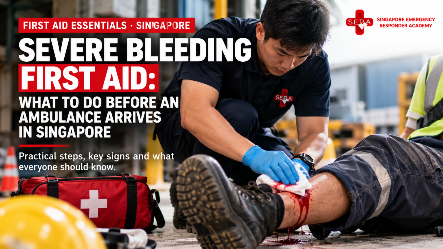 First aider controlling severe bleeding during a first aid emergency in Singapore