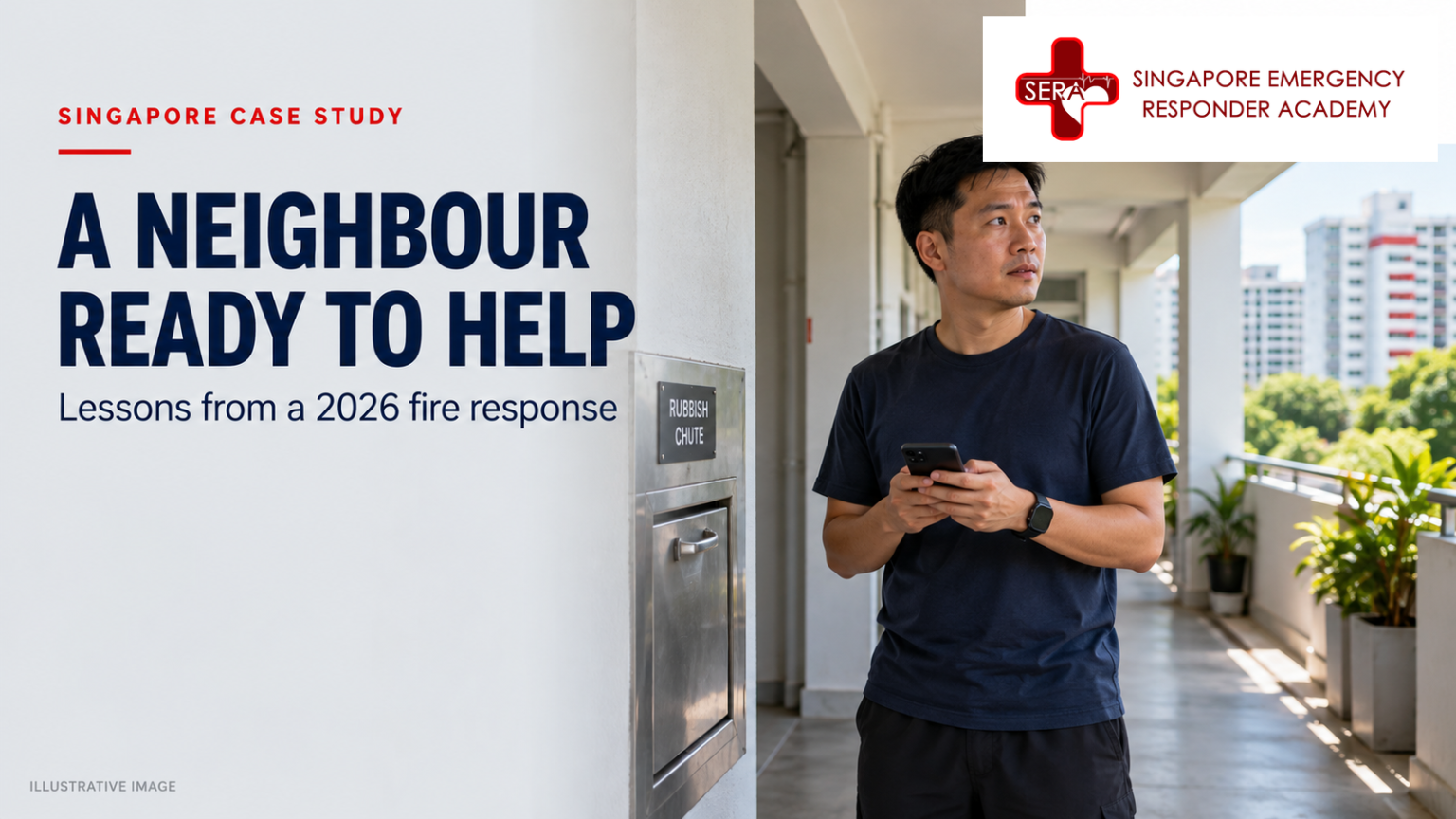 Illustrative image of a community volunteer holding a phone beside a rubbish chute in a Singapore HDB corridor.