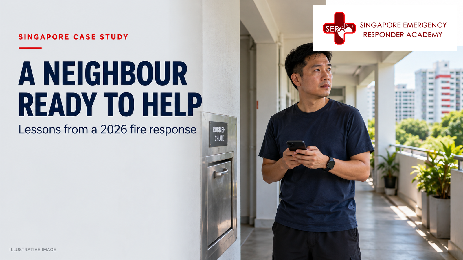 Illustrative image of a community volunteer holding a phone beside a rubbish chute in a Singapore HDB corridor.