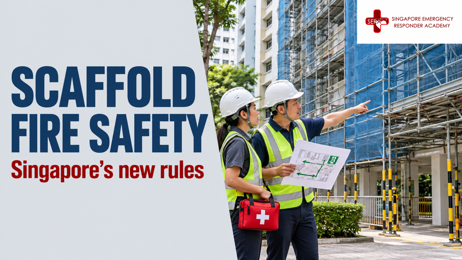 1. Scaffold fire safety headline beside two safety personnel reviewing an evacuation plan outside a scaffolded Singapore residential block, with the original SERA logo at top right.
